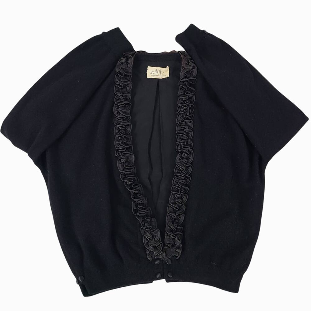 Dalton Cashmere Cardigan Vintage 50s Pinup Scroll Ruffle Trim Cinch Waist Black - Picture 9 of 16